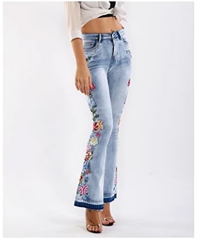 Womens Floral Embroidered High Waisted Flare Bell Bottom Jeans 70s Outfits Bootcut Jeans Wide Leg Long Denim Pants 02-light B...