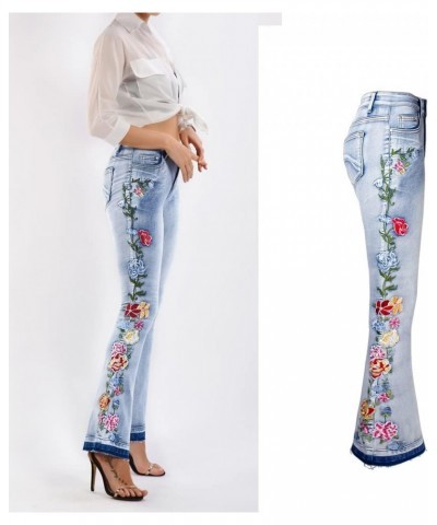 Womens Floral Embroidered High Waisted Flare Bell Bottom Jeans 70s Outfits Bootcut Jeans Wide Leg Long Denim Pants 02-light B...