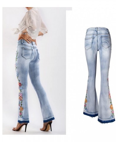 Womens Floral Embroidered High Waisted Flare Bell Bottom Jeans 70s Outfits Bootcut Jeans Wide Leg Long Denim Pants 02-light B...