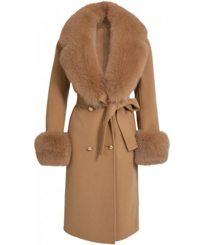 Women's Double Sided Cashmere Coat Cuffs Faux Fur Collar Long Slim Fit Cashmere Coat Jacket For Autumn And Winter Camel $198....