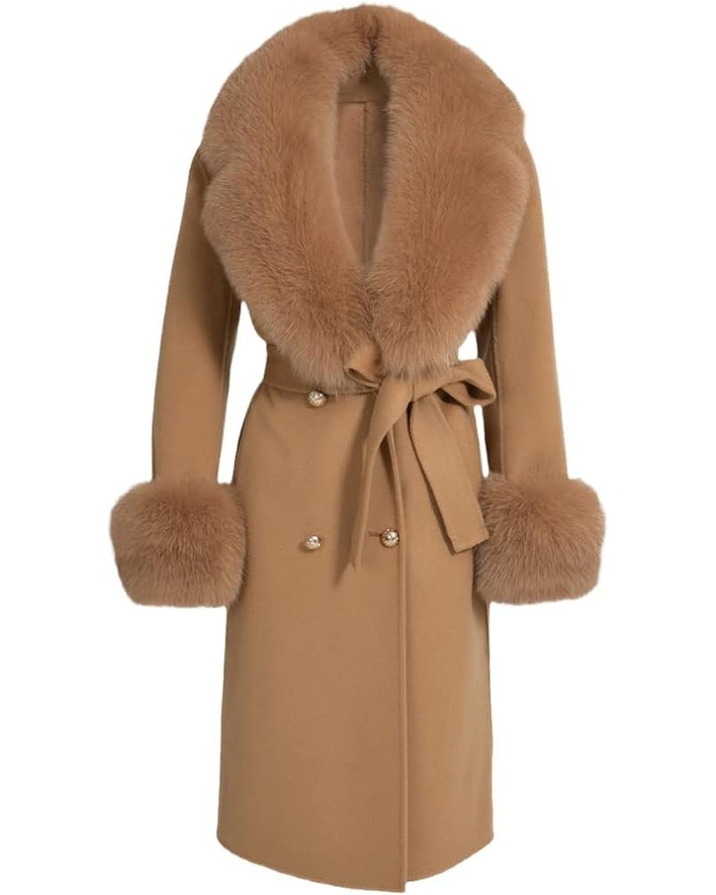 Women's Double Sided Cashmere Coat Cuffs Faux Fur Collar Long Slim Fit Cashmere Coat Jacket For Autumn And Winter Camel $198....