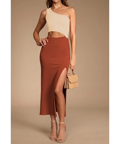 Women's One Shoulder Sleeveless Cutout Side Slit Bodycon Maxi Long Dress Brown and Khaki $16.74 Dresses