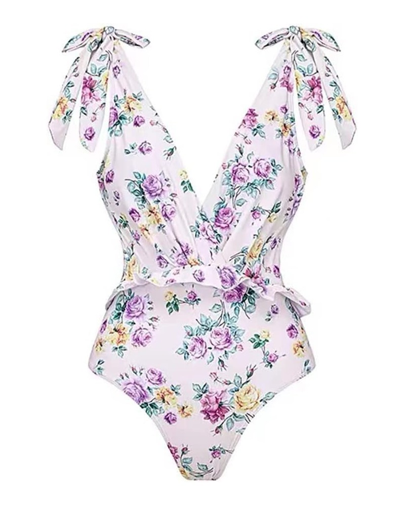 Women One Piece Swimsuit Ruffle V Neck Floral Print Bathing Suits Beachwear Padded Monokini Y90-1 $15.75 Swimsuits