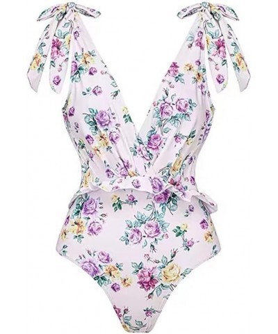 Women One Piece Swimsuit Ruffle V Neck Floral Print Bathing Suits Beachwear Padded Monokini Y90-1 $15.75 Swimsuits