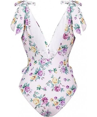 Women One Piece Swimsuit Ruffle V Neck Floral Print Bathing Suits Beachwear Padded Monokini Y90-1 $15.75 Swimsuits