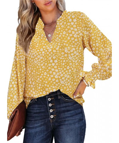 Women Boho Floral Print Blouses V Neck Puff Long Sleeve Tops Loose Casual Dressy Peasant Blouses Shirts 2024 Floral Yellow $1...