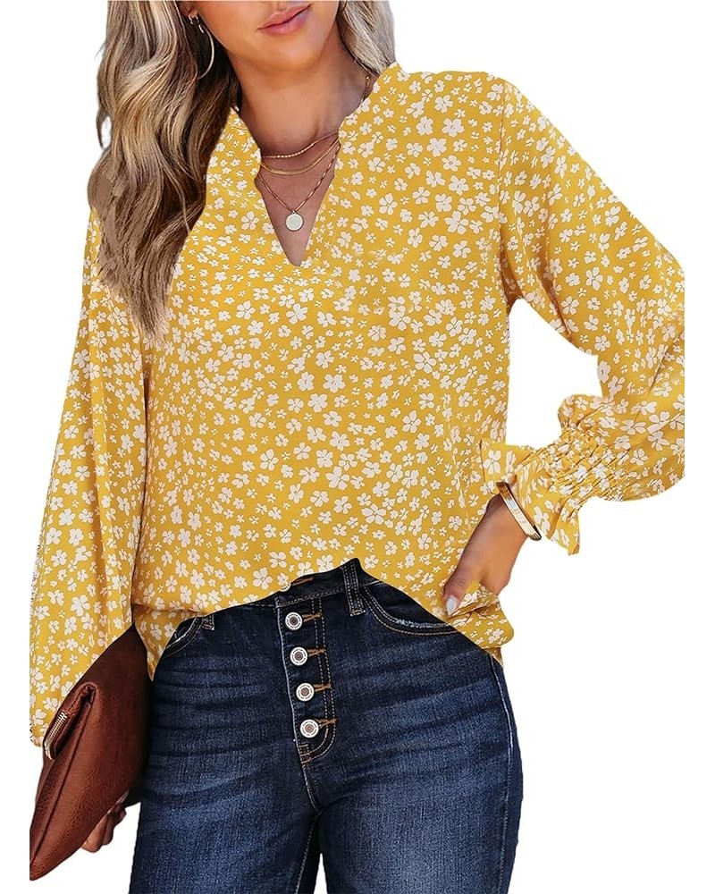 Women Boho Floral Print Blouses V Neck Puff Long Sleeve Tops Loose Casual Dressy Peasant Blouses Shirts 2024 Floral Yellow $1...