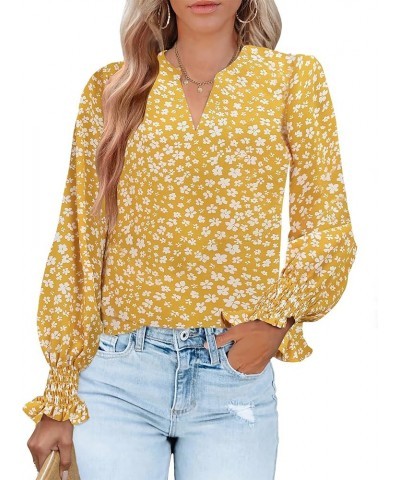 Women Boho Floral Print Blouses V Neck Puff Long Sleeve Tops Loose Casual Dressy Peasant Blouses Shirts 2024 Floral Yellow $1...