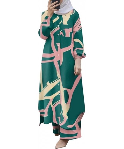 Women's Muslim 2 Pieces Sets Long Sleeve Button down Shirt and Wide Leg Pants Abaya Casual Dress Dubai Outfits Green $19.46 S...