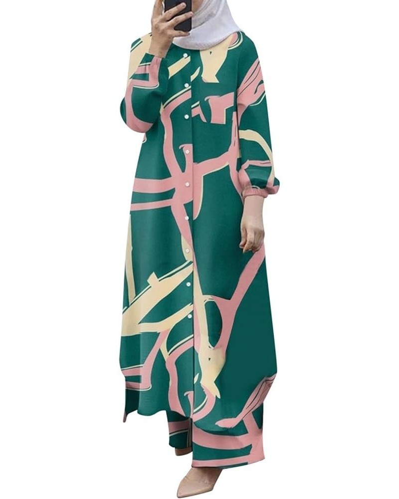 Women's Muslim 2 Pieces Sets Long Sleeve Button down Shirt and Wide Leg Pants Abaya Casual Dress Dubai Outfits Green $19.46 S...