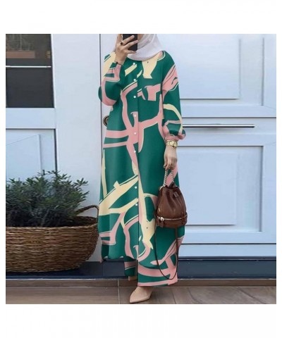 Women's Muslim 2 Pieces Sets Long Sleeve Button down Shirt and Wide Leg Pants Abaya Casual Dress Dubai Outfits Green $19.46 S...