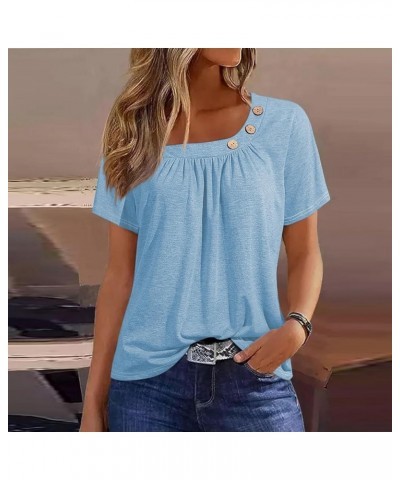 Womens Short Sleeve Blouses Spring Dressy Casual Loose Fit T Shirts Button Decor Summer Solid Color Tunic Tops Ab-light Blue ...