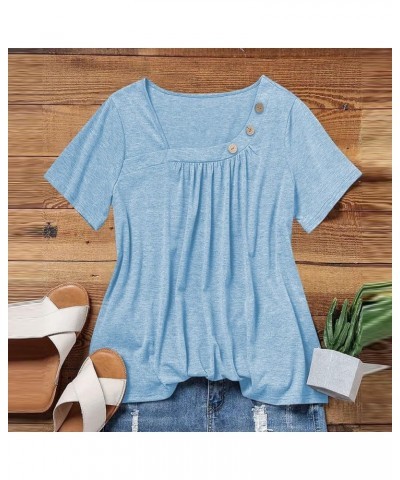 Womens Short Sleeve Blouses Spring Dressy Casual Loose Fit T Shirts Button Decor Summer Solid Color Tunic Tops Ab-light Blue ...