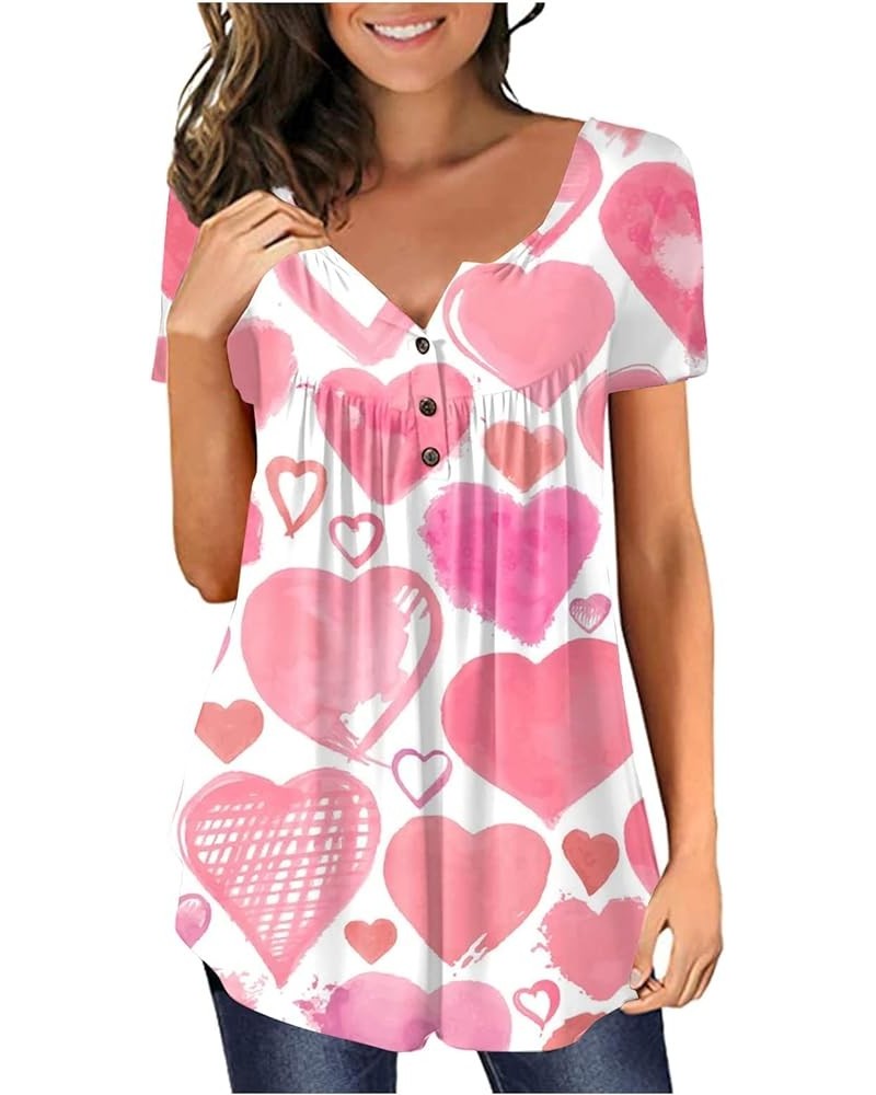 Ladies' Valentines Day Shirt: Heart Graphic Tees with a V-Neck and Trendy Button Details. Spring/Summer Casual Tops 4-pink $7...