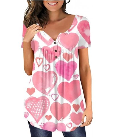 Ladies' Valentines Day Shirt: Heart Graphic Tees with a V-Neck and Trendy Button Details. Spring/Summer Casual Tops 4-pink $7...