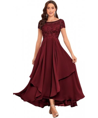 Mother of The Bride Dresses for Wedding Short Sleeve Lace Chiffon Ruched Formal Evening Dress Burgundy $36.00 Dresses