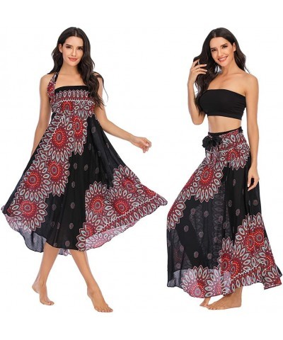 Women's Flowing Bohemian Dress High Waist A-Line Long Skirt Original Two Layer Printed Wrap Around Skirts Sunflower Black $17...