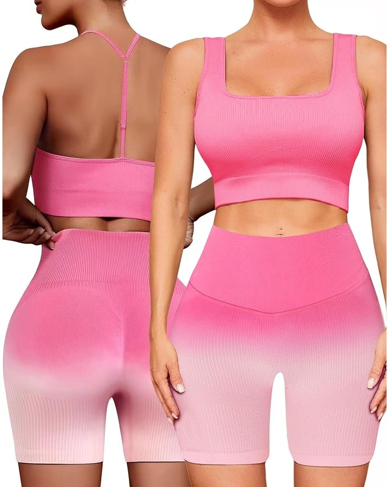 Workout Outfits Sets for Women 4 piece Seamless Backless Tank Sport Bra High Waist Short Yoga Gym Matching Active Set Pink & ...