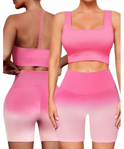 Workout Outfits Sets for Women 4 piece Seamless Backless Tank Sport Bra High Waist Short Yoga Gym Matching Active Set Pink & ...