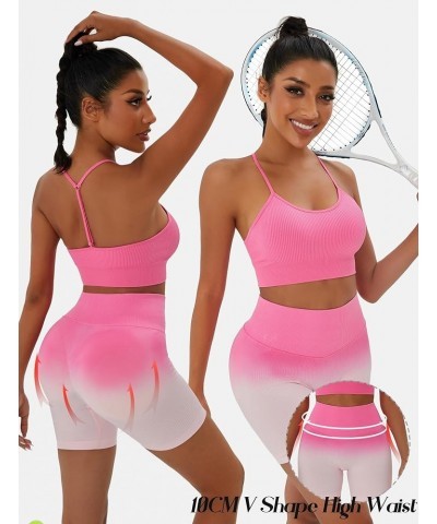 Workout Outfits Sets for Women 4 piece Seamless Backless Tank Sport Bra High Waist Short Yoga Gym Matching Active Set Pink & ...