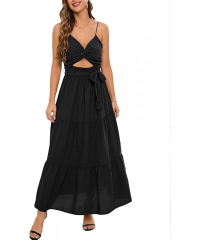 Women’s Boho Deep V Neck Cut Out Twist Front Spaghetti Straps Smocked Tiered Ruffle Swing Maxi Dress Black $20.64 Dresses