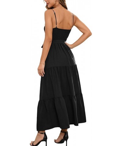 Women’s Boho Deep V Neck Cut Out Twist Front Spaghetti Straps Smocked Tiered Ruffle Swing Maxi Dress Black $20.64 Dresses