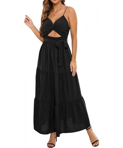 Women’s Boho Deep V Neck Cut Out Twist Front Spaghetti Straps Smocked Tiered Ruffle Swing Maxi Dress Black $20.64 Dresses