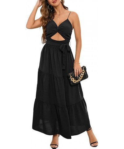 Women’s Boho Deep V Neck Cut Out Twist Front Spaghetti Straps Smocked Tiered Ruffle Swing Maxi Dress Black $20.64 Dresses