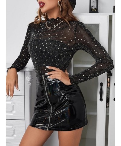 Women's Mock Neck Long Sleeve See Though Sheer Mesh Tops Tee Shirt Black Star $16.95 Tops