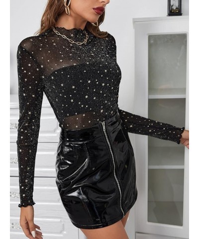 Women's Mock Neck Long Sleeve See Though Sheer Mesh Tops Tee Shirt Black Star $16.95 Tops