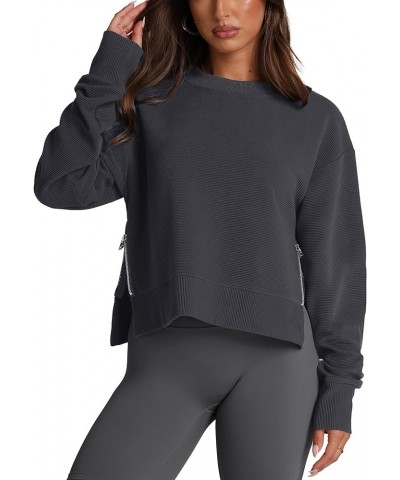 Women's Sweatshirts Long Sleeve Crop Tops Crew Neck Soft Pullover With Side Zipper Shirt Clothes 2024 Deep Grey $16.16 Hoodie...