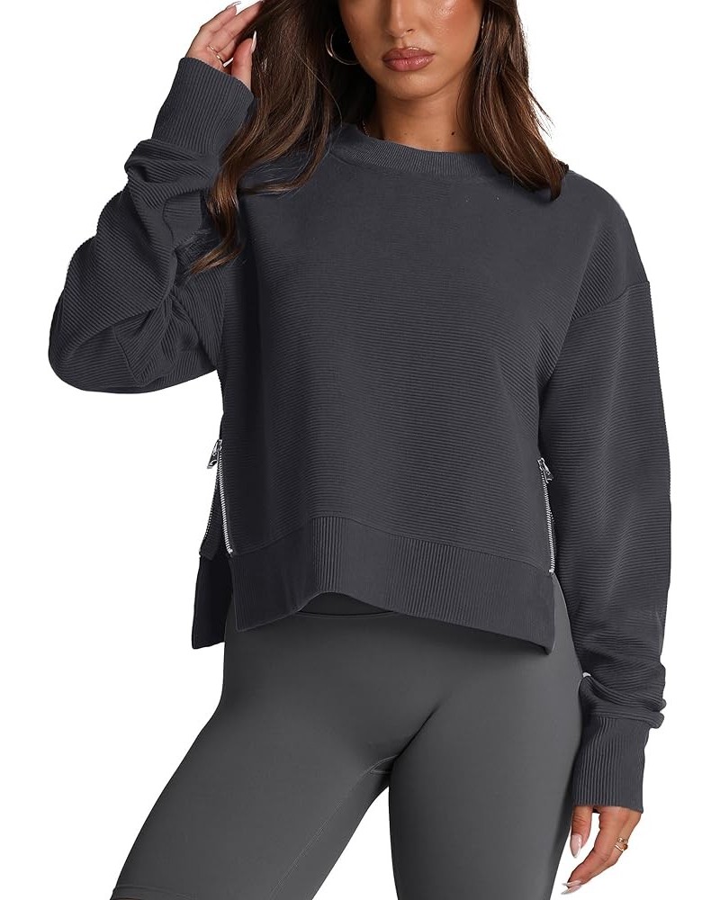 Women's Sweatshirts Long Sleeve Crop Tops Crew Neck Soft Pullover With Side Zipper Shirt Clothes 2024 Deep Grey $16.16 Hoodie...