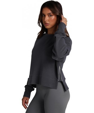 Women's Sweatshirts Long Sleeve Crop Tops Crew Neck Soft Pullover With Side Zipper Shirt Clothes 2024 Deep Grey $16.16 Hoodie...