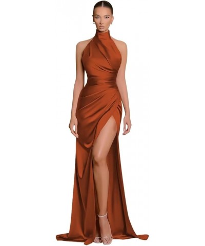 Exquisite Long Halter Prom Dresses for Women Pleated Satin Mermaid Evening Party Gowns with High Slit Burnt Orange $29.90 Dre...