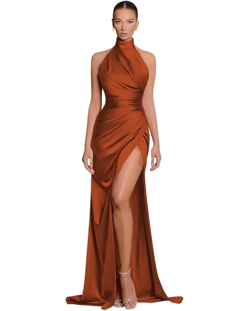 Exquisite Long Halter Prom Dresses for Women Pleated Satin Mermaid Evening Party Gowns with High Slit Burnt Orange $29.90 Dre...