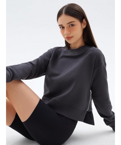 Women's Sweatshirts Long Sleeve Crop Tops Crew Neck Soft Pullover With Side Zipper Shirt Clothes 2024 Deep Grey $16.16 Hoodie...