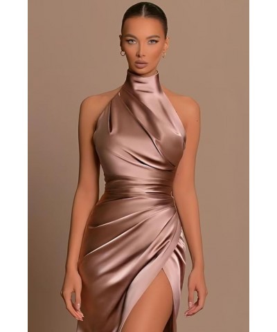 Exquisite Long Halter Prom Dresses for Women Pleated Satin Mermaid Evening Party Gowns with High Slit Burnt Orange $29.90 Dre...