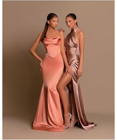 Exquisite Long Halter Prom Dresses for Women Pleated Satin Mermaid Evening Party Gowns with High Slit Burnt Orange $29.90 Dre...