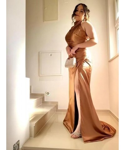 Exquisite Long Halter Prom Dresses for Women Pleated Satin Mermaid Evening Party Gowns with High Slit Burnt Orange $29.90 Dre...