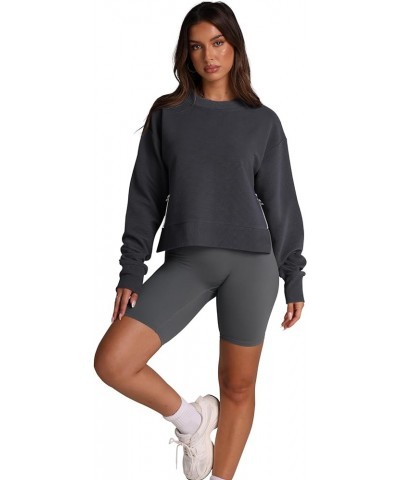 Women's Sweatshirts Long Sleeve Crop Tops Crew Neck Soft Pullover With Side Zipper Shirt Clothes 2024 Deep Grey $16.16 Hoodie...