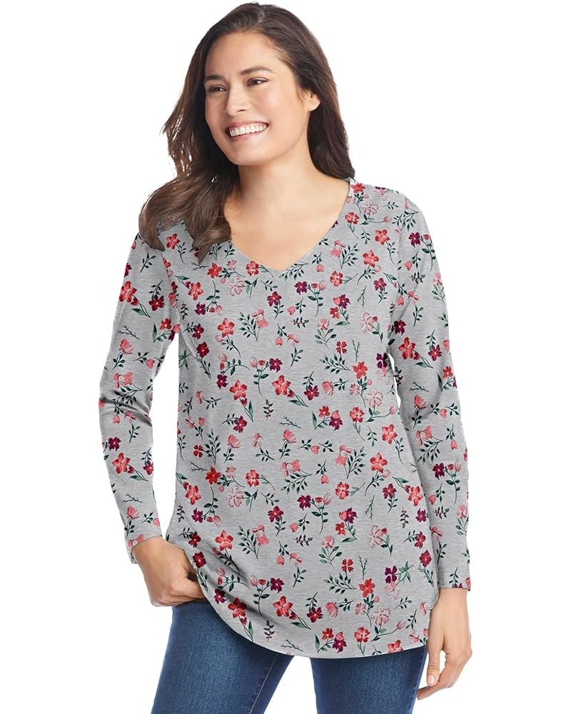 Women's Plus Size Perfect Printed Long-Sleeve V-Neck Tee Shirt Heather Grey Red Pretty Floral $14.88 T-Shirts