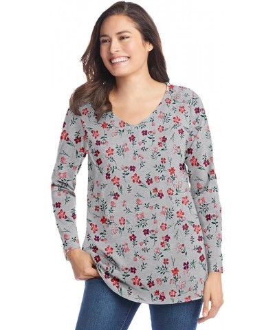 Women's Plus Size Perfect Printed Long-Sleeve V-Neck Tee Shirt Heather Grey Red Pretty Floral $14.88 T-Shirts