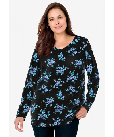 Women's Plus Size Perfect Printed Long-Sleeve V-Neck Tee Shirt Heather Grey Red Pretty Floral $14.88 T-Shirts