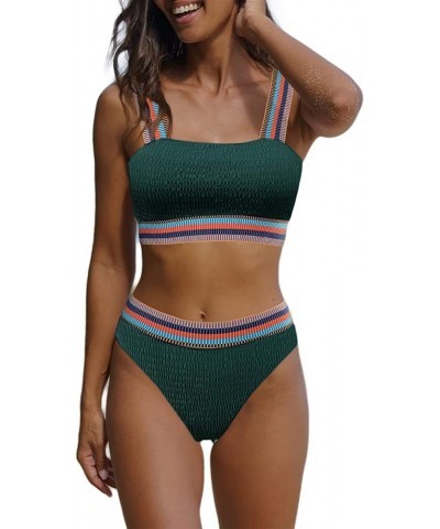 Women's Color Block Ribbed Knit Bikini Set Contrast Trim 2 Piece Swimsuits Dark Green B $11.87 Swimsuits