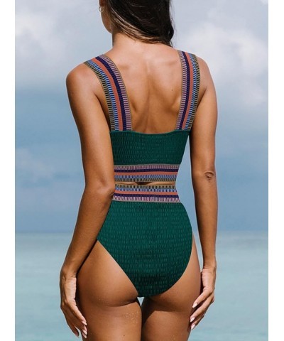 Women's Color Block Ribbed Knit Bikini Set Contrast Trim 2 Piece Swimsuits Dark Green B $11.87 Swimsuits