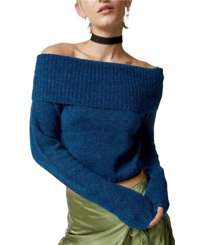 Women's Sexy Off-Shoulder Sweater Knit Ribbed Long Sleeve Shirt Y2k Bodycon Show Navel Crop Tops Streetwear Blue-a $11.95 Swe...