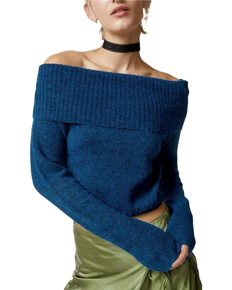 Women's Sexy Off-Shoulder Sweater Knit Ribbed Long Sleeve Shirt Y2k Bodycon Show Navel Crop Tops Streetwear Blue-a $11.95 Swe...