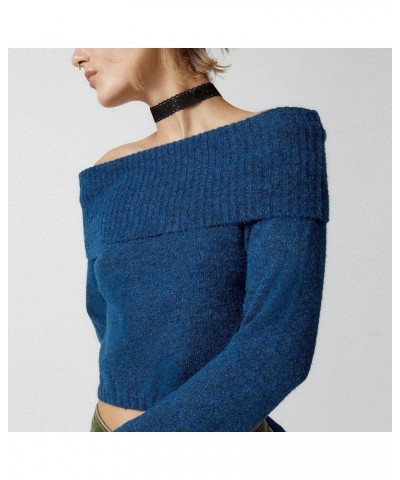 Women's Sexy Off-Shoulder Sweater Knit Ribbed Long Sleeve Shirt Y2k Bodycon Show Navel Crop Tops Streetwear Blue-a $11.95 Swe...