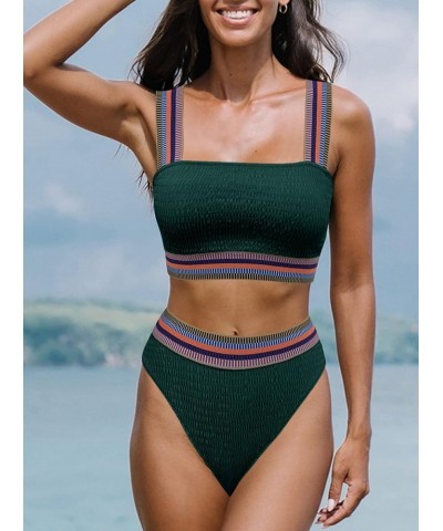 Women's Color Block Ribbed Knit Bikini Set Contrast Trim 2 Piece Swimsuits Dark Green B $11.87 Swimsuits