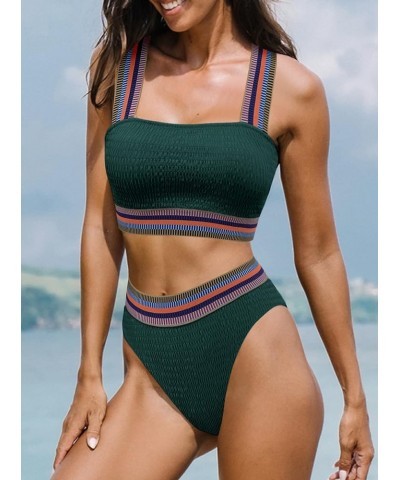 Women's Color Block Ribbed Knit Bikini Set Contrast Trim 2 Piece Swimsuits Dark Green B $11.87 Swimsuits